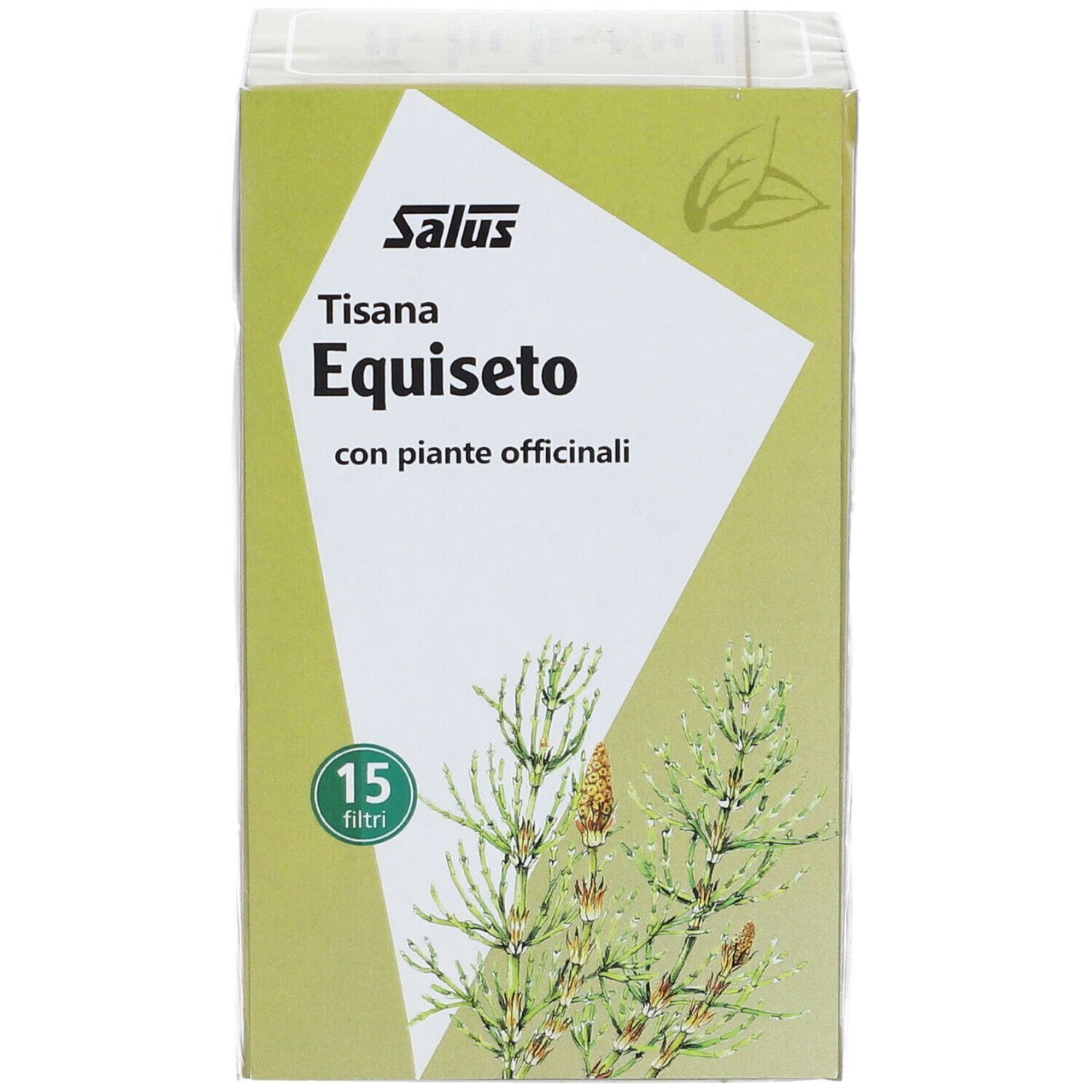 Verpackung von Salus Tisana Equiseto. Grün-weißes Design mit Produktnamen und Kräuterabbildung. 15 Filterbeutel.