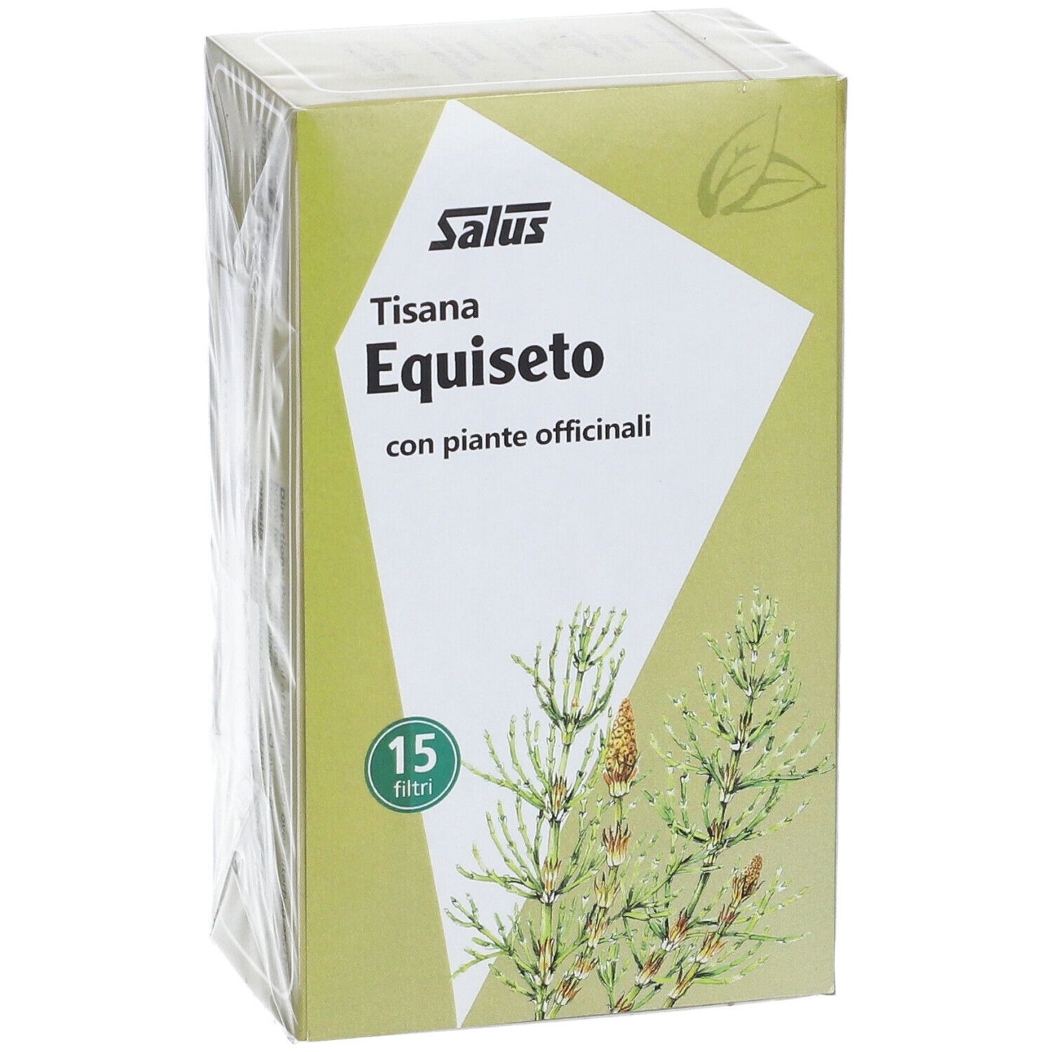 Verpackung von Salus Tisana Equiseto. Grün-weißes Design mit Produktnamen und Kräuterabbildung. 15 Filterbeutel.