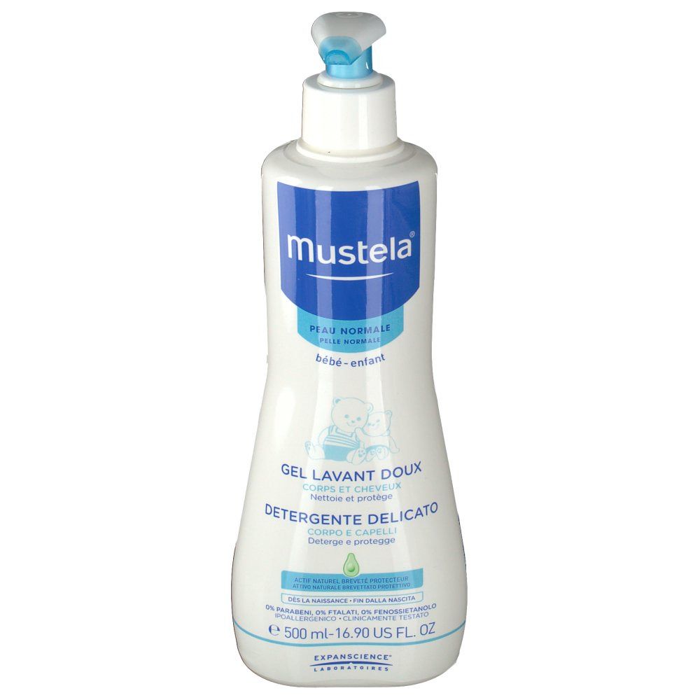 Flacon blanc avec impression bleue. Logo Mustela et texte: Gel Lavant Doux, Detergente Delicato.