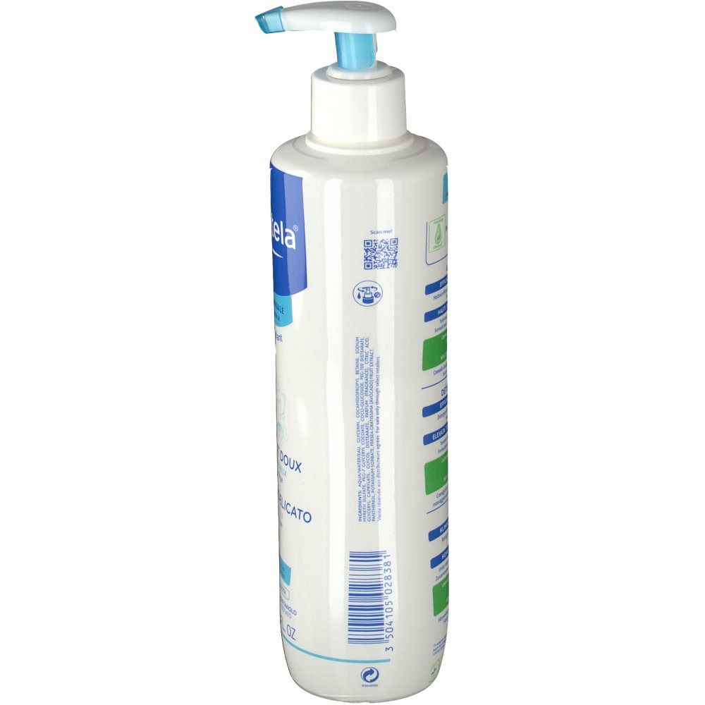 Flacon blanc, dos avec texte multilingue. Contient un code QR et des informations sur le développement durable.