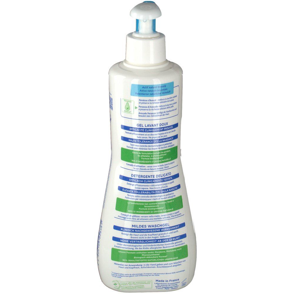 Vue arrière d'un flacon blanc. Texte multilingue, dont allemand et français. Avec logo de développement durable.