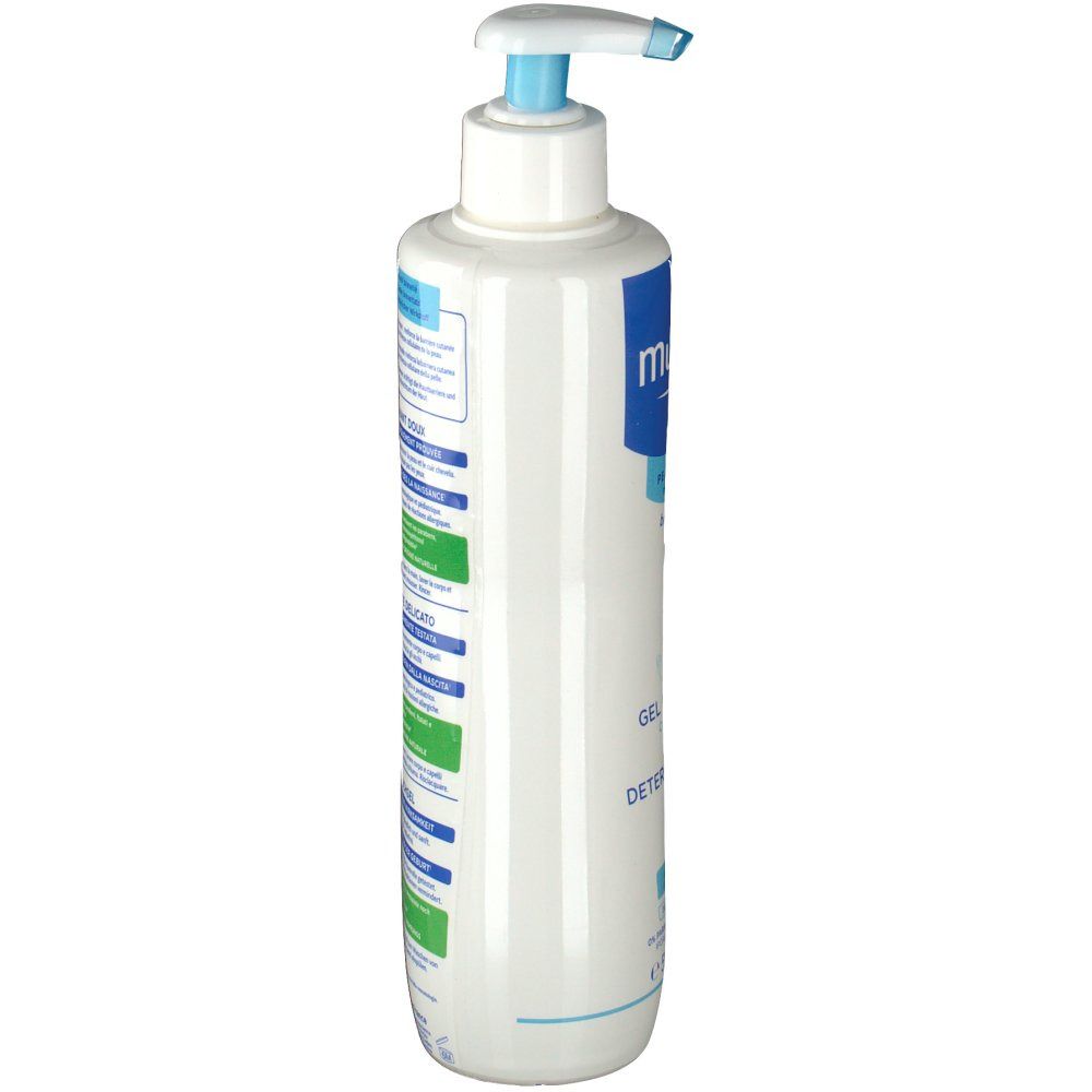 Flacon blanc, vue latérale. Texte multilingue. Avec tête de pompe bleue.