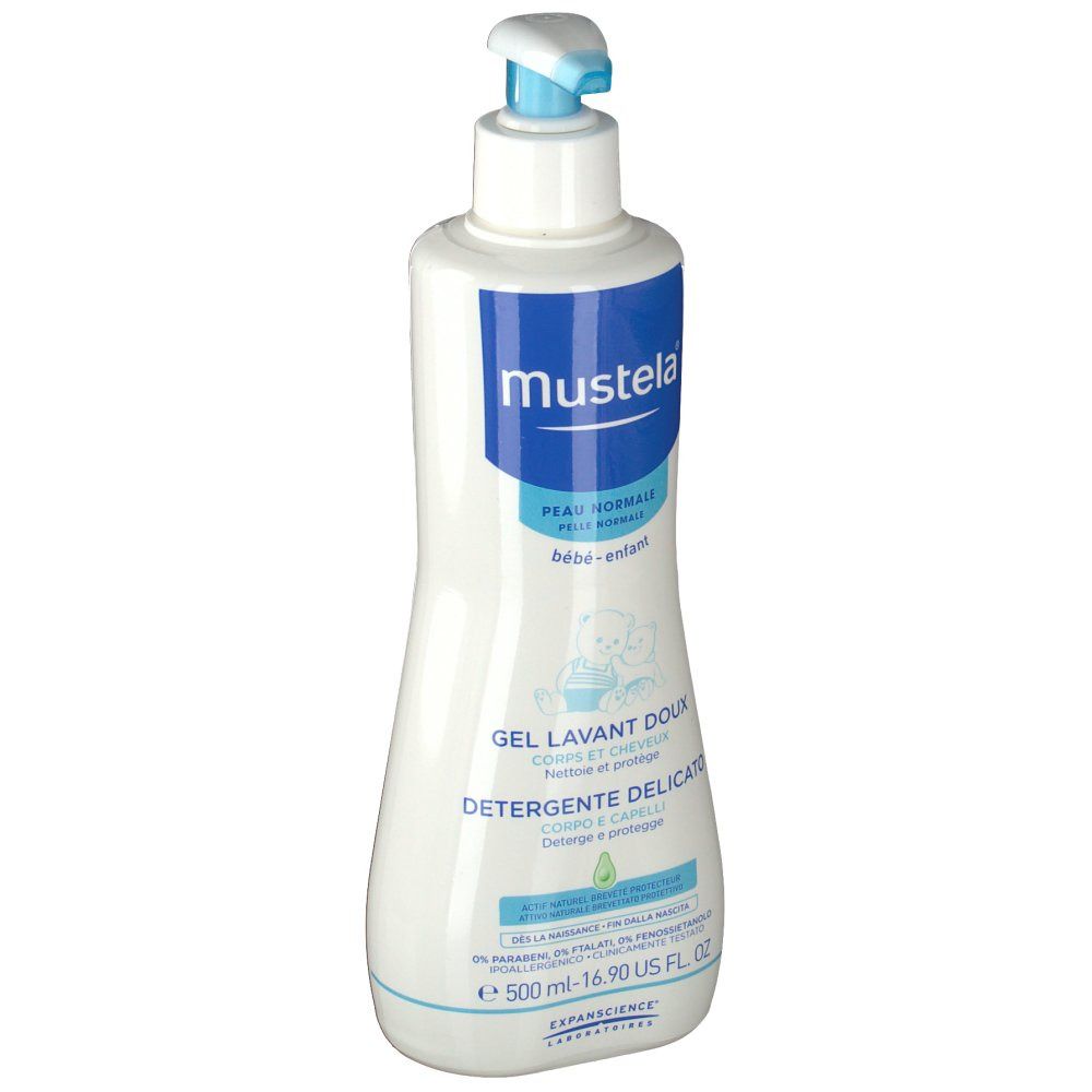 Flacon blanc avec impression bleue. Logo Mustela et texte: Gel Lavant Doux, Detergente Delicato.