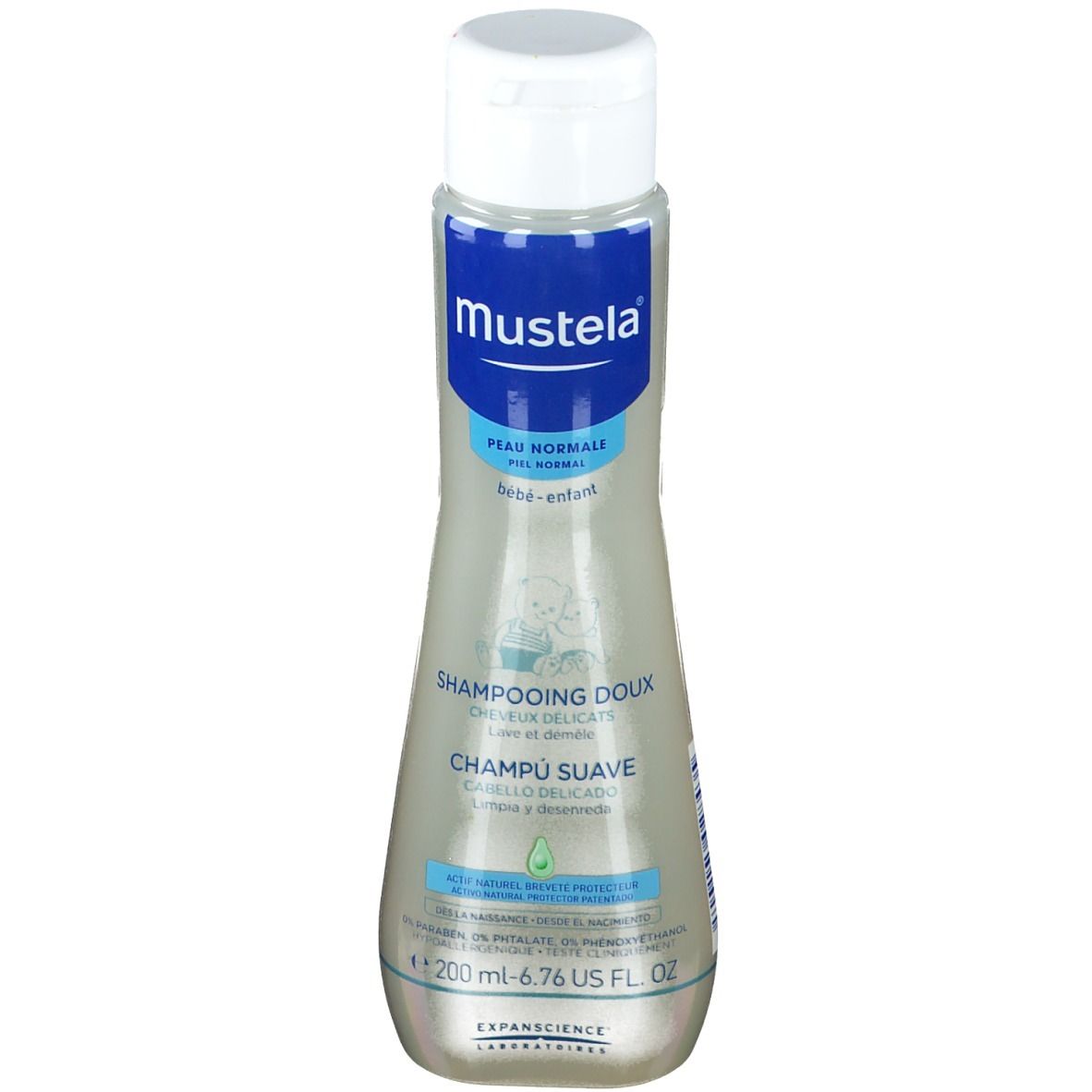 Flacon de shampooing Mustela Dolce. Bouchon blanc, étiquette bleue avec texte. Pour peau normale, bébé.