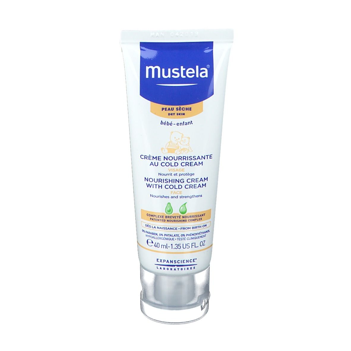 Tube de crème Mustela. Crème Nourrissante au Cold Cream. Pour peaux sèches, bébés et enfants. 40 ml.