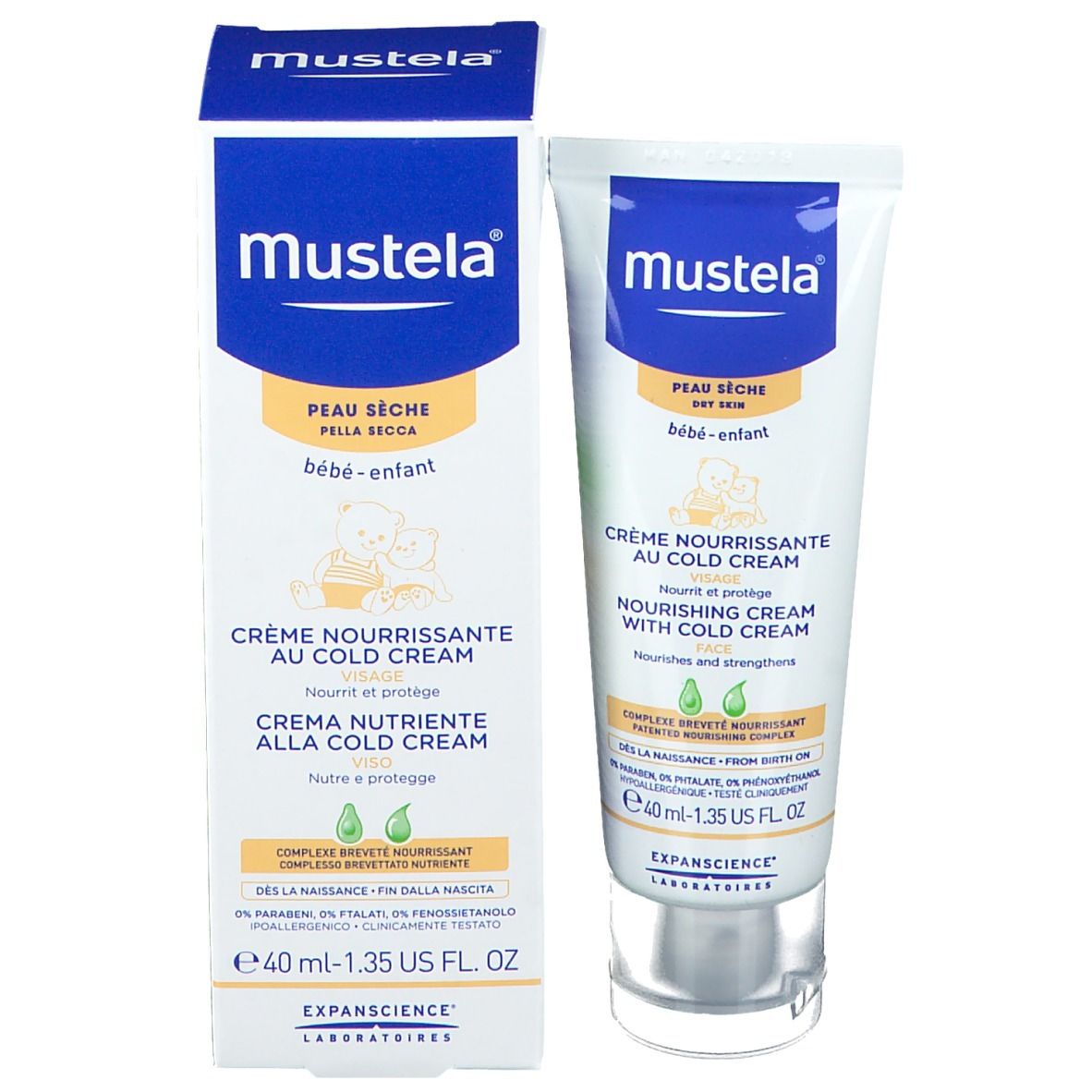 Emballage Mustela avec tube et boîte. Crème Nourrissante au Cold Cream. Pour peaux sèches, bébés et enfants. 40 ml.