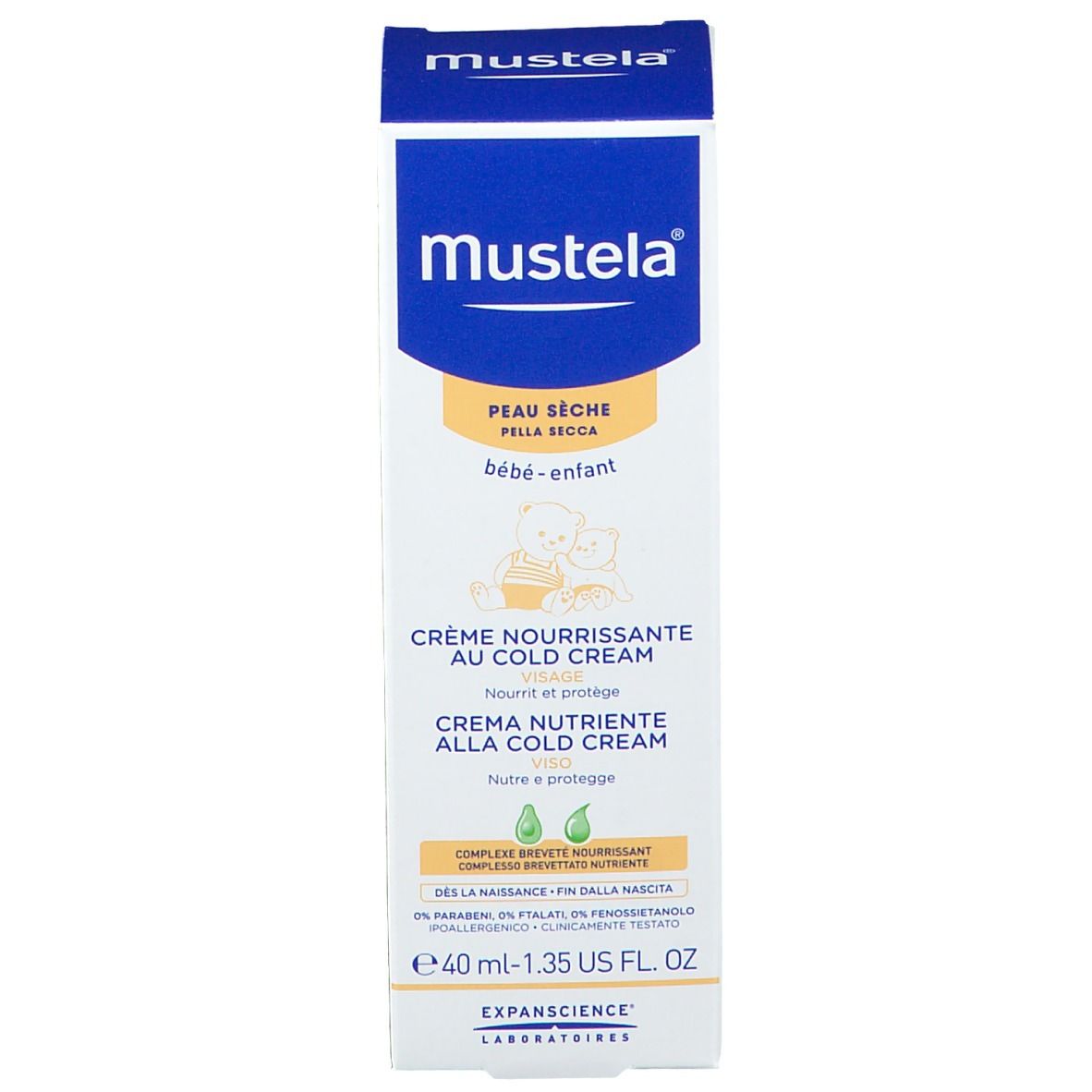 Boîte Mustela. Crème Nourrissante au Cold Cream. Pour peaux sèches, bébés et enfants. 40 ml.