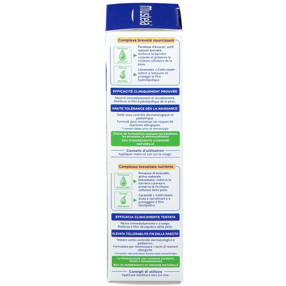 Dos de la boîte Mustela. Informations sur la composition, conseils d'utilisation, testé cliniquement.