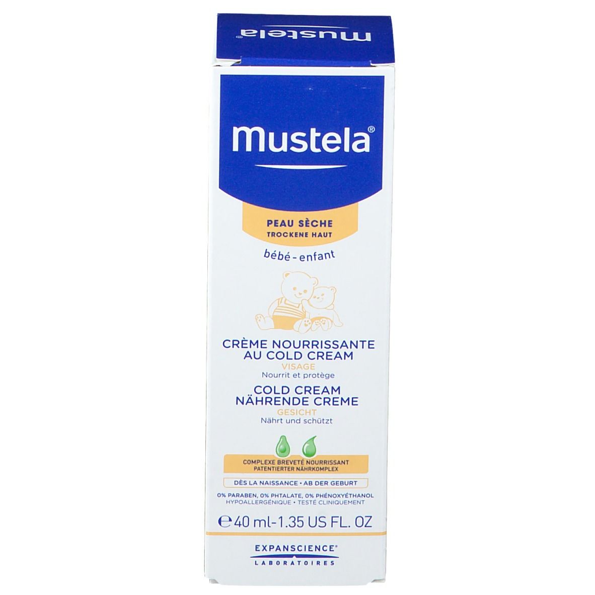 Boîte Mustela. Cold Cream, crème nourrissante. Pour peaux sèches, bébés et enfants. 40 ml.