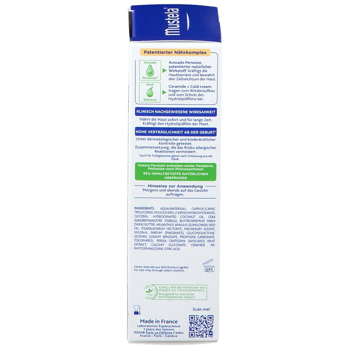 Dos de la boîte Mustela. Ingrédients, conseils d'utilisation, efficacité prouvée cliniquement, Fabriqué en France.