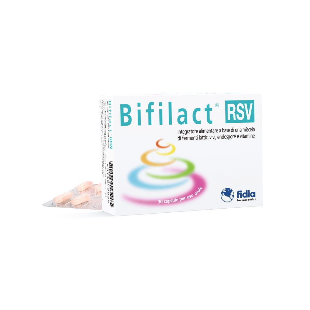 Boîte de gélules Bifilact® RSV. Inscription : 30 gélules, logo fidia. Blister ouvert avec gélules.