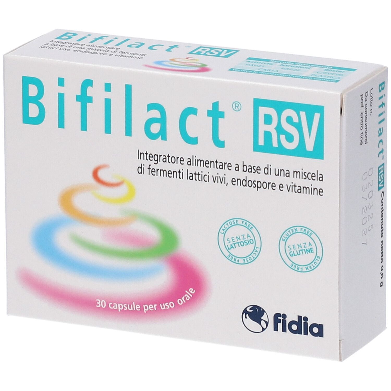 Boîte Bifilact® RSV. Inscription : 30 gélules, logo fidia. Design multicolore. Nom du produit et informations.