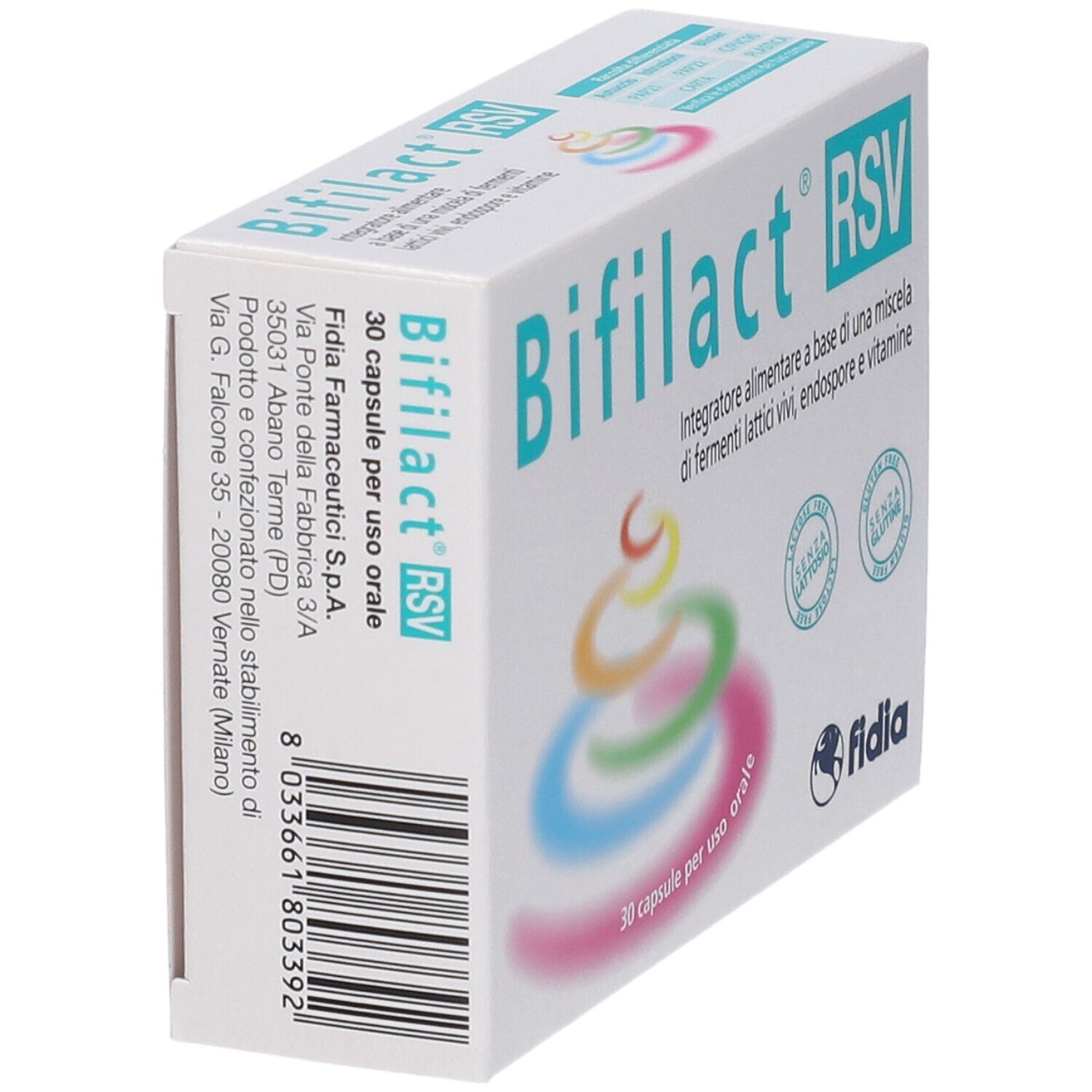 Boîte Bifilact® RSV, en biais. Inscription : 30 gélules, logo fidia. Nom du produit et informations. Design multicolore.