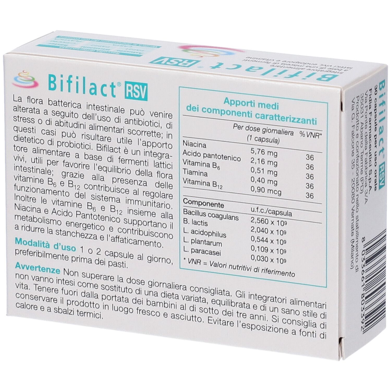 Dos de la boîte Bifilact® RSV. Informations sur les ingrédients et la valeur nutritionnelle. Logo fidia. Texte en italien.