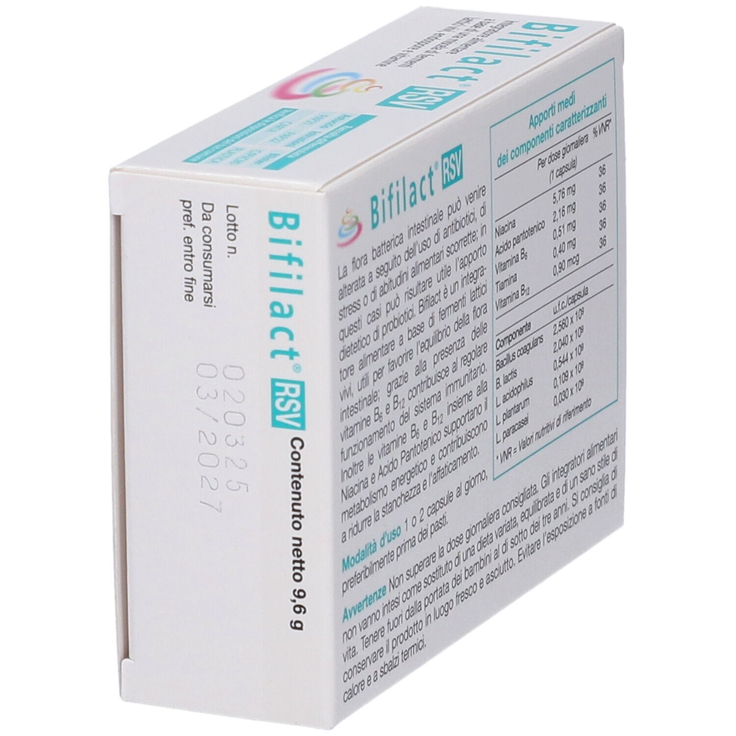 Dos de la boîte Bifilact® RSV. Informations, date de péremption. Logo fidia. Texte en italien.