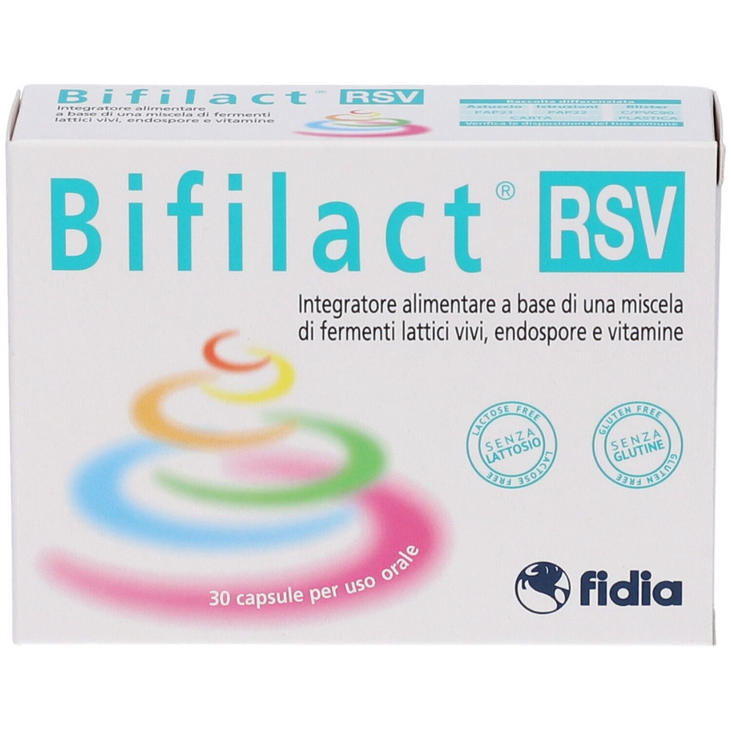 Boîte Bifilact® RSV. Inscription : 30 gélules, logo fidia. Nom du produit et informations. Design multicolore.