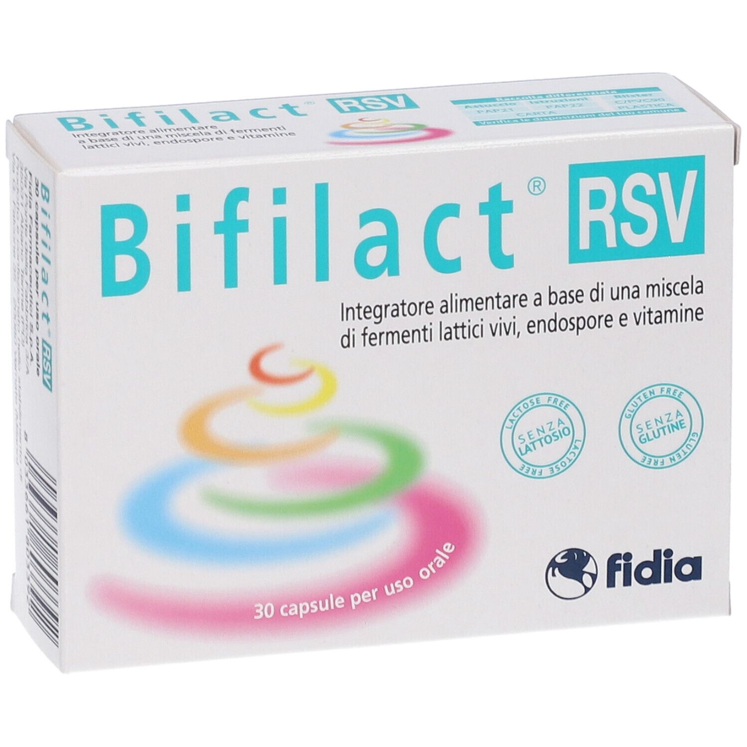 Boîte Bifilact® RSV. Inscription : 30 gélules, logo fidia. Nom du produit et informations. Design multicolore.