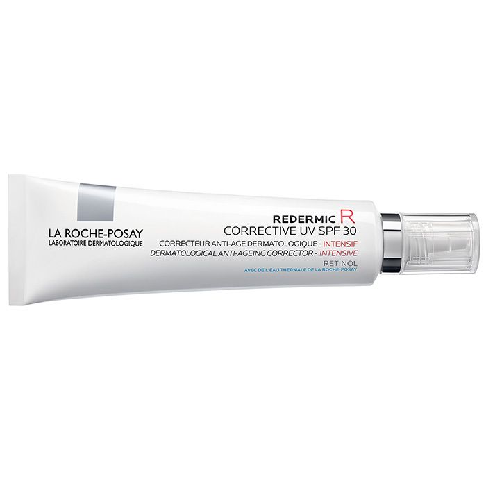Tube de crème Redermic R UV SPF 30 de La Roche-Posay. Tube blanc avec détails argentés et bouchon transparent.