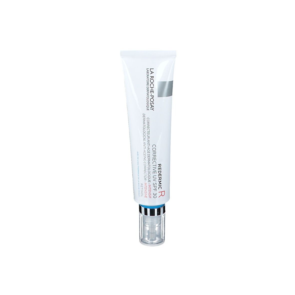 Tube Redermic R UV SPF 30, La Roche-Posay. Tube blanc, détails argentés et bouchon transparent.