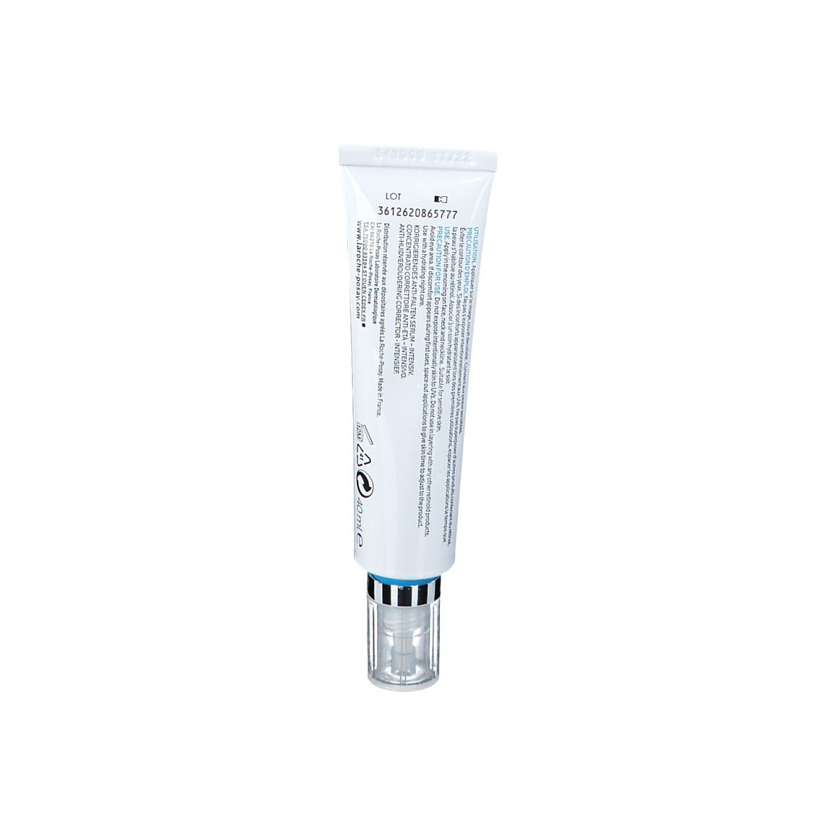 Dos du tube Redermic R UV SPF 30. Informations textuelles. Marque La Roche-Posay.