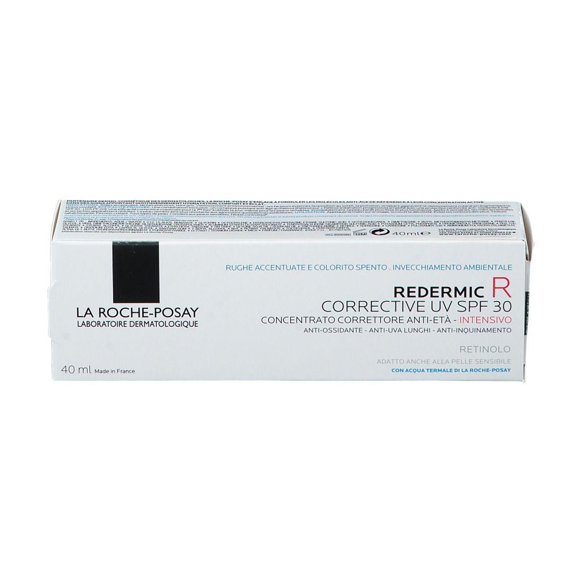 Boîte de Redermic R UV SPF 30. Marque La Roche-Posay. Boîte blanche avec informations produit.