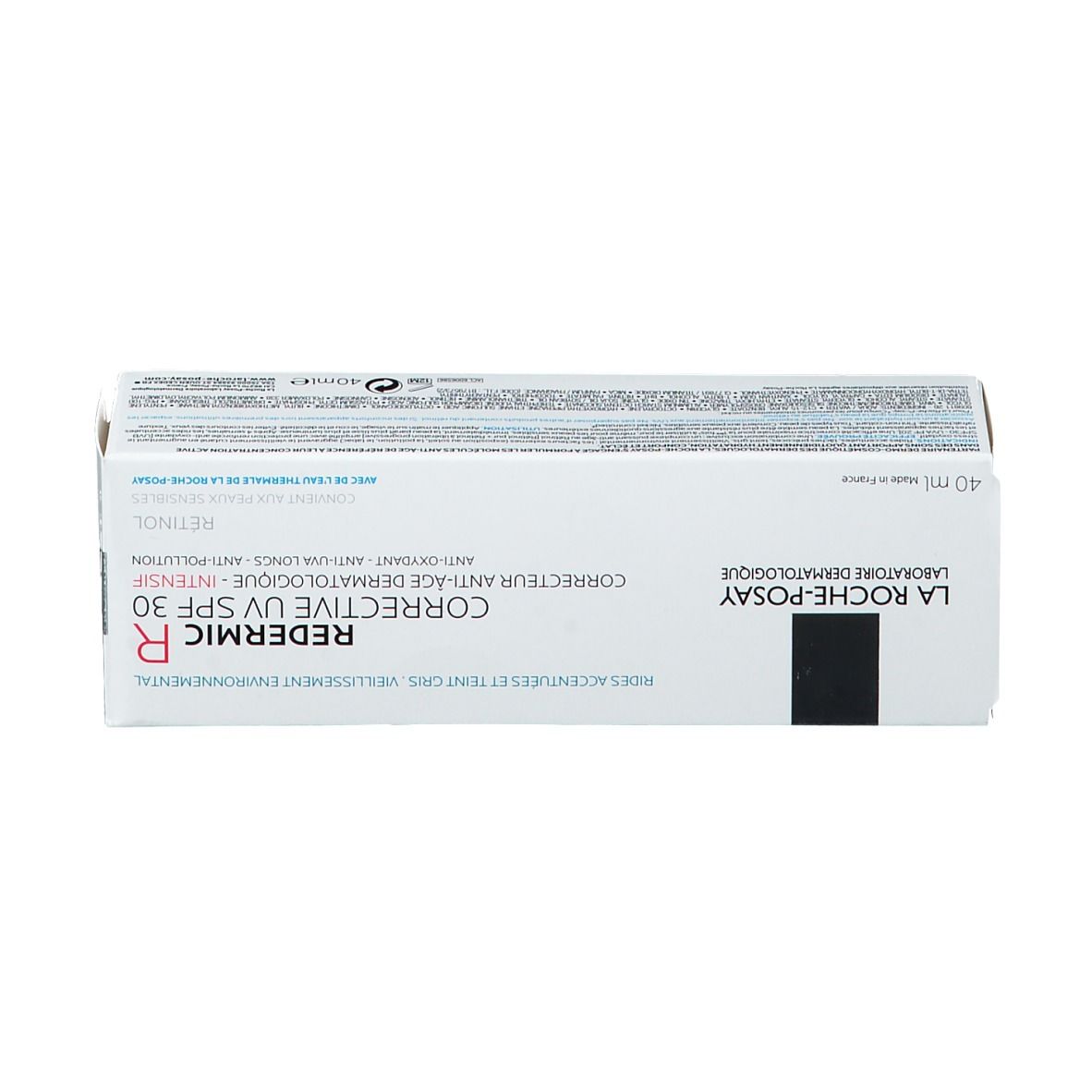 Côté de l'emballage Redermic R UV SPF 30. Informations textuelles. La Roche-Posay.