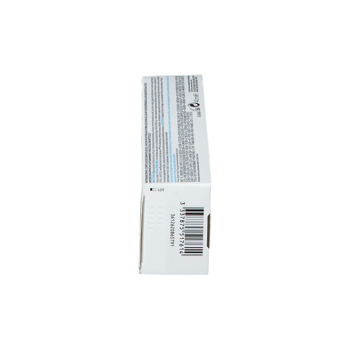 Côté de l'emballage Redermic R UV SPF 30. Informations textuelles. La Roche-Posay. Code-barres.