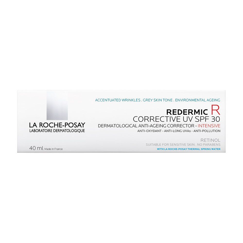 Boîte de Redermic R UV SPF 30. Marque La Roche-Posay. Boîte blanche avec informations produit.