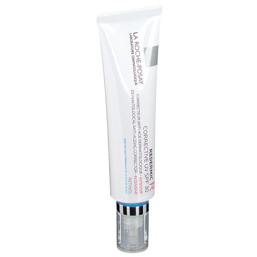 Tube Redermic R UV SPF 30, La Roche-Posay. Tube blanc, détails argentés et bouchon transparent.