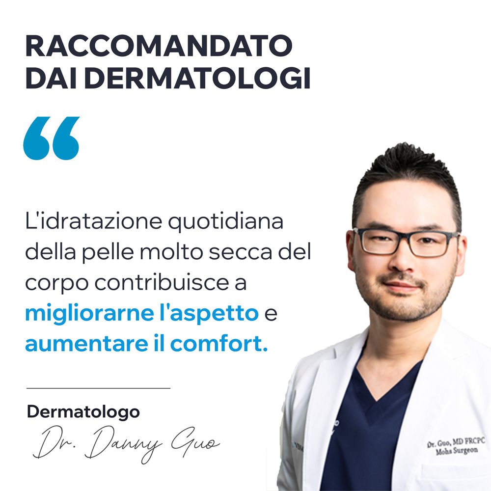 Arzt mit Text. Text: L'idratazione quotidiana della pelle molto secca del corpo contribuisce a migliorarne l'aspetto e aumentare il comfort. Dermatologo Dr. Danny Guo.
