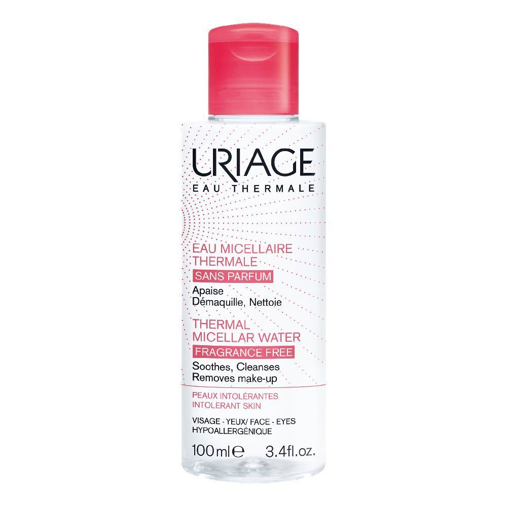 Klare Flasche mit rotem Deckel. Aufschrift: URIAGE Eau Thermale, Eau Micellaire Thermale Sans Parfum. 100ml.