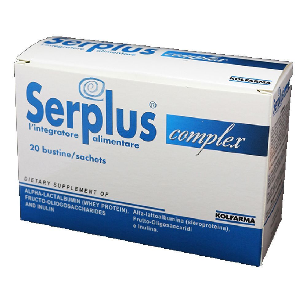 Boîte blanche avec texte bleu. Inscription : Serplus complex, 20 sachets. Contient de l'alpha-lactalbumine, de l'inuline.