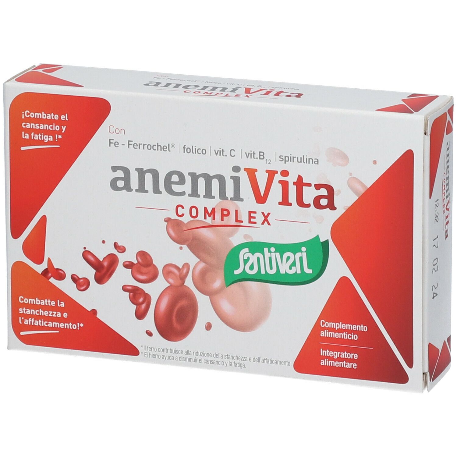Boîte de AnemiVita Complex. Emballage rouge et blanc avec nom et logo du produit. Contient fer, acide folique, vitamine C, B12 et spiruline.