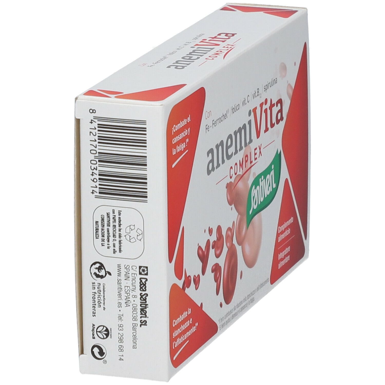 Vue latérale de l'emballage AnemiVita Complex. Code-barres et texte. Contient des informations sur le fabricant et les ingrédients.