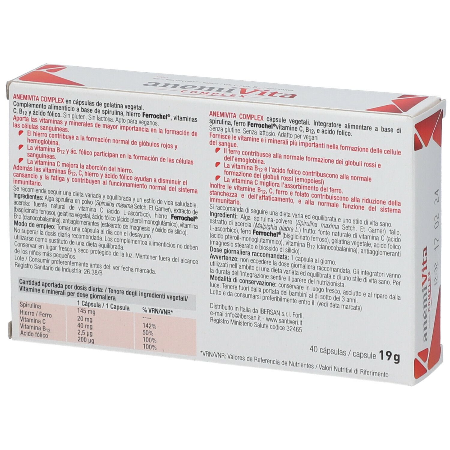 Dos de l'emballage AnemiVita Complex. Contient des informations sur les ingrédients, le dosage et les avertissements.