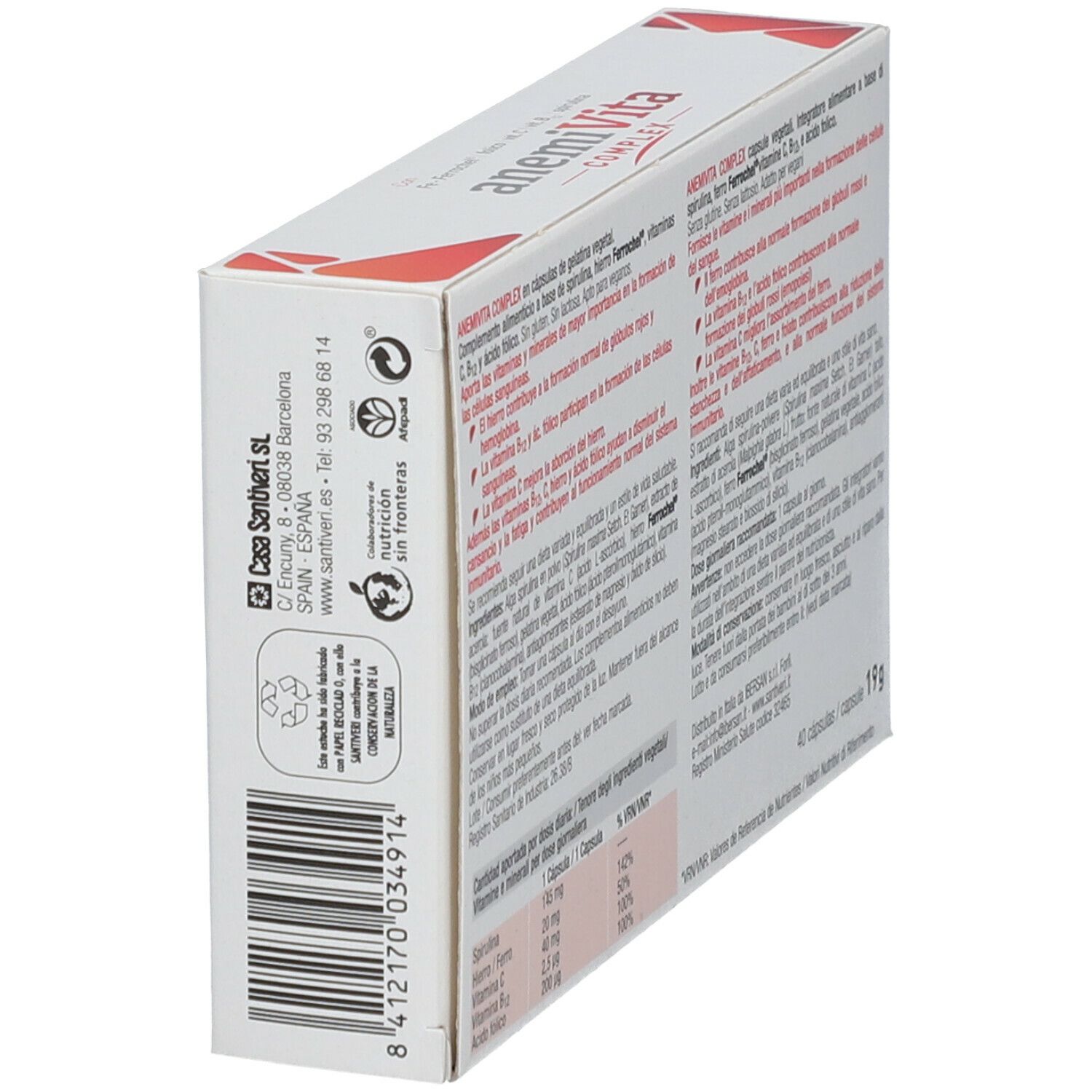 Vue latérale de l'emballage AnemiVita Complex. Contient des informations sur les ingrédients, le dosage et les avertissements.