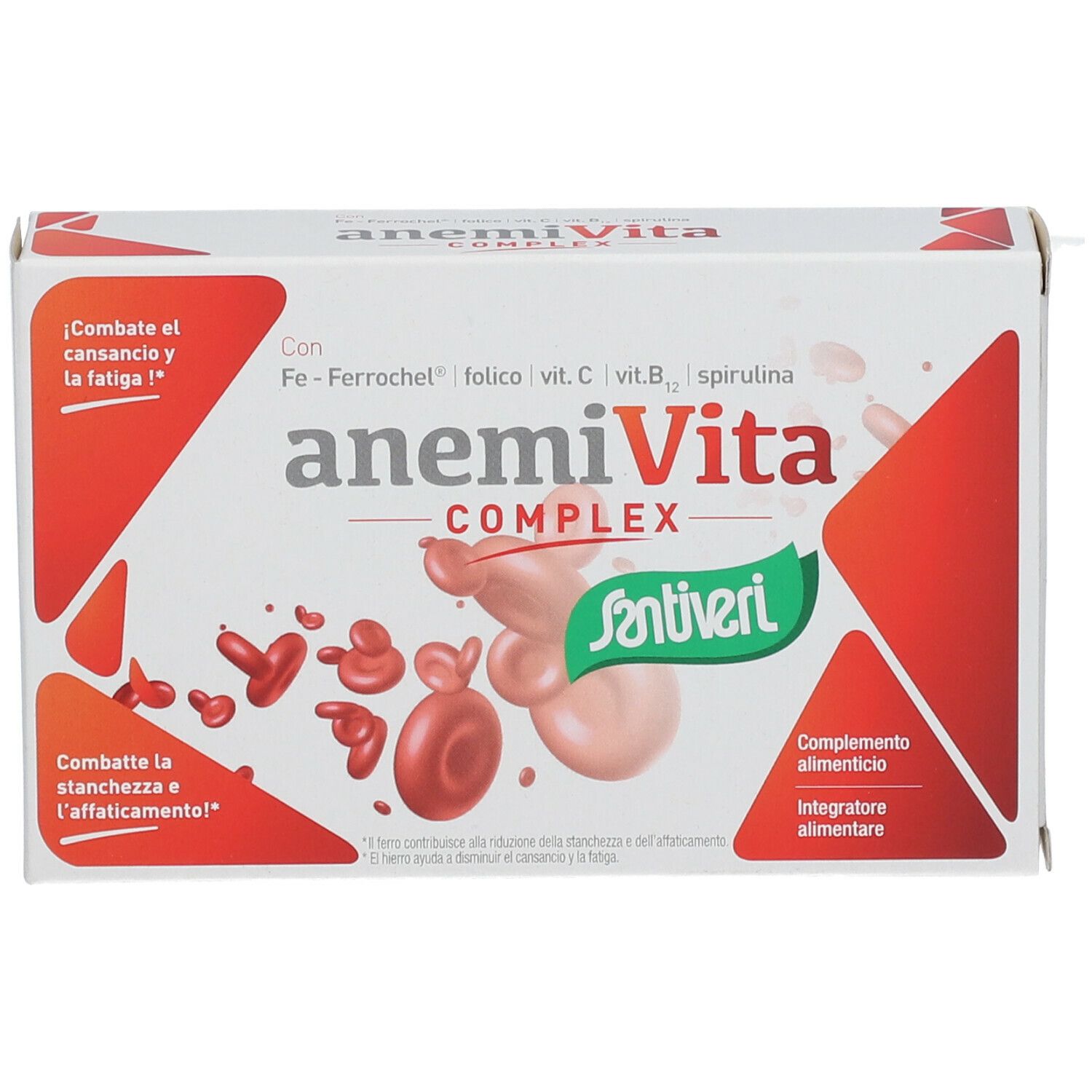 Boîte de AnemiVita Complex. Emballage rouge et blanc avec nom et logo du produit. Contient fer, acide folique, vitamine C, B12 et spiruline.