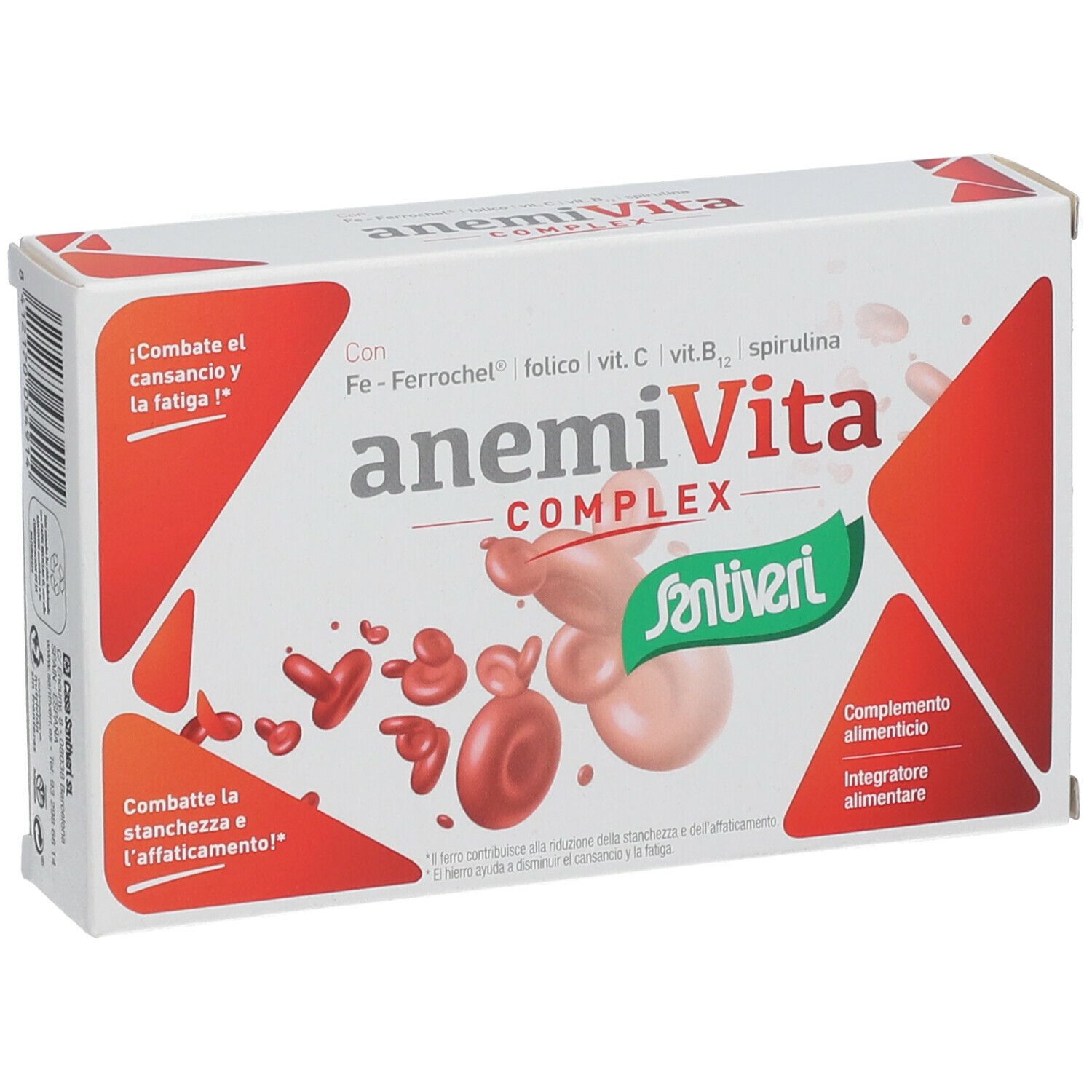 Boîte de AnemiVita Complex. Emballage rouge et blanc avec nom et logo du produit. Contient fer, acide folique, vitamine C, B12 et spiruline.