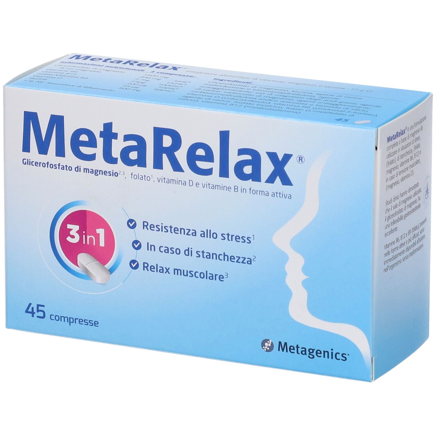 MetaRelax®-Verpackung. Blaue Schachtel mit Produktnamen und Inhaltsstoffen. 45 Tabletten. Metagenics-Logo.
