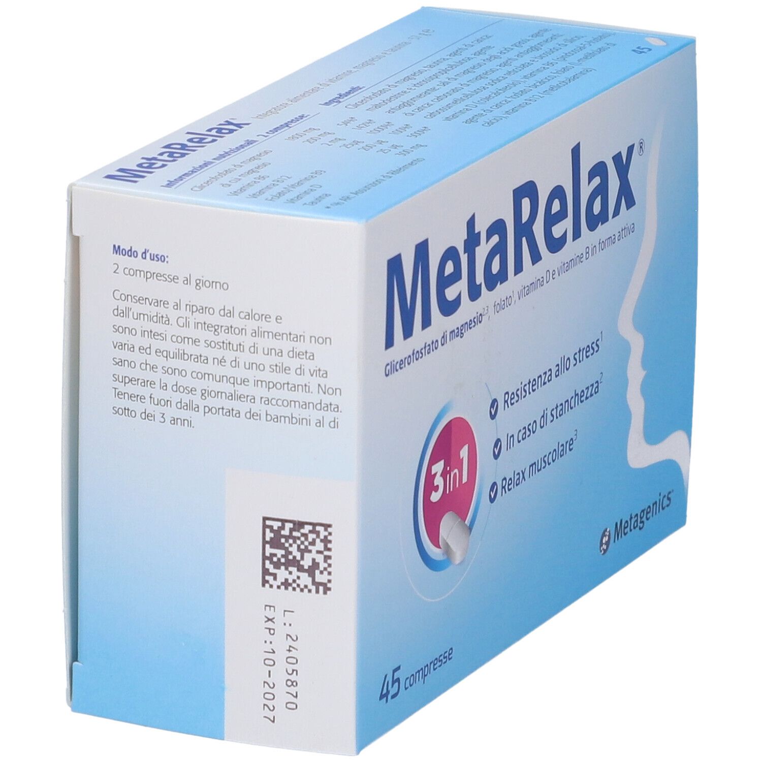MetaRelax®-Verpackung. Blaue Schachtel mit Produktnamen und Inhaltsstoffen. 45 Tabletten. Metagenics-Logo. QR-Code.