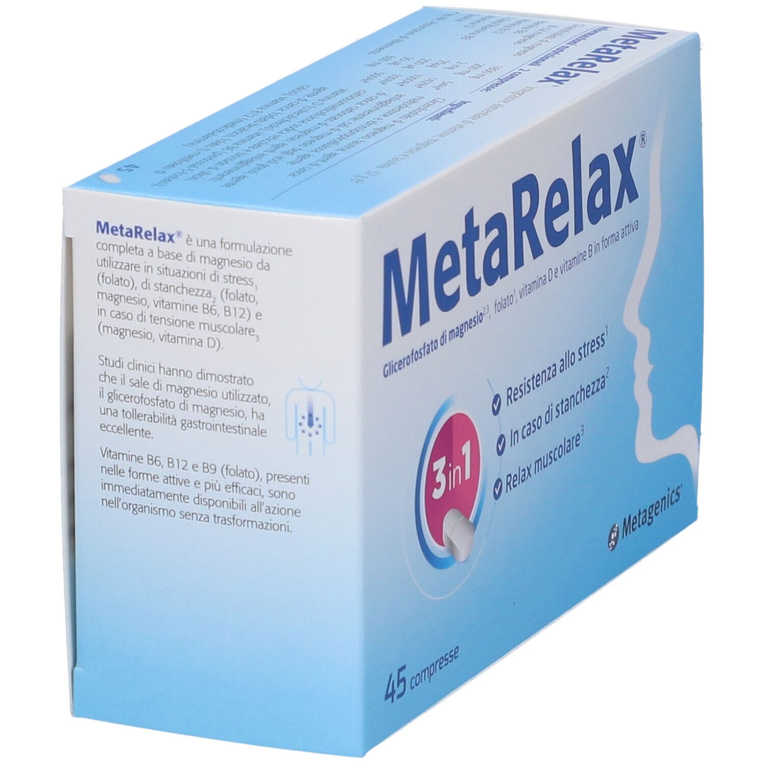 MetaRelax®-Verpackung. Blaue Schachtel mit Produktnamen und Inhaltsstoffen. 45 Tabletten. Metagenics-Logo.