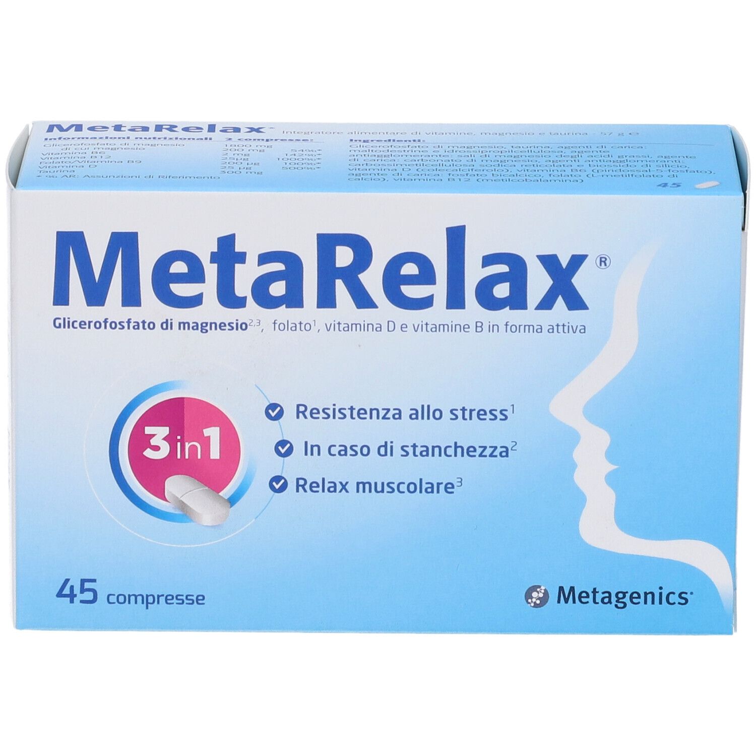 MetaRelax®-Verpackung. Blaue Schachtel mit Produktnamen und Inhaltsstoffen. 45 Tabletten. Metagenics-Logo.
