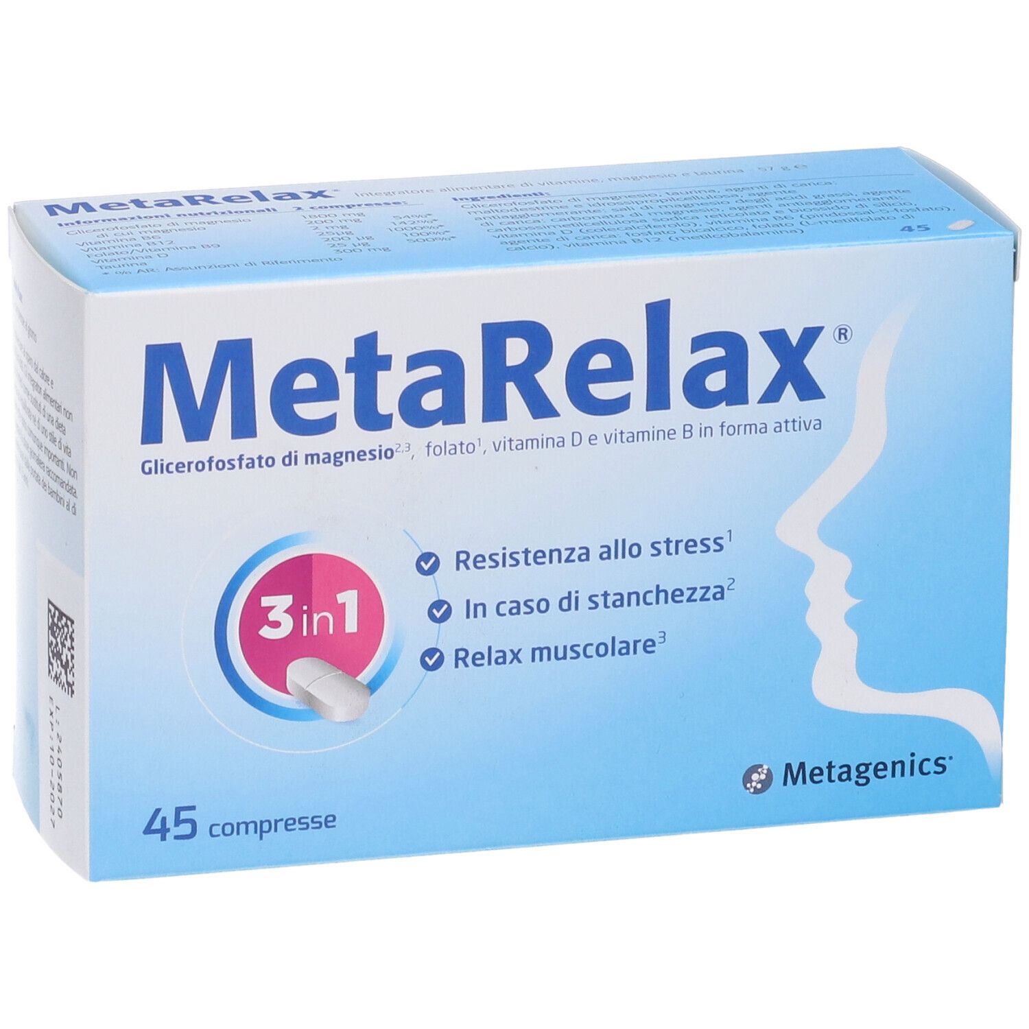 MetaRelax®-Verpackung. Blaue Schachtel mit Produktnamen und Inhaltsstoffen. 45 Tabletten. Metagenics-Logo.