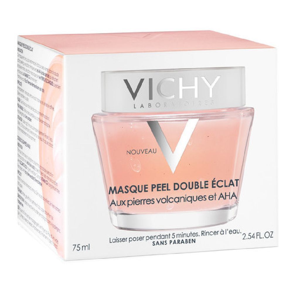 Vichy-Maske in Verpackung. Weiße Schachtel mit Produktabbildung. Text: VICHY, MASQUE PEEL DOUBLE ÉCLAT, 75 ml.