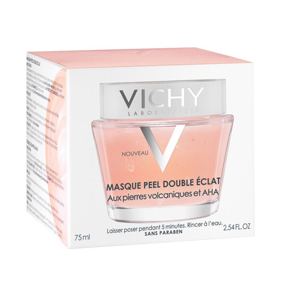 Vichy-Maske in Verpackung. Weiße Schachtel mit Produktabbildung. Text: VICHY, MASQUE PEEL DOUBLE ÉCLAT, 75 ml.