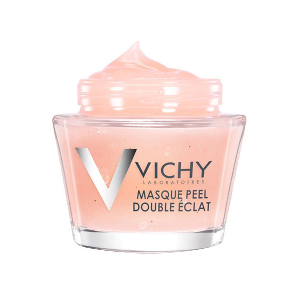 Vichy-Maske in transparentem Behälter. Rosa Maske mit Text: VICHY, MASQUE PEEL DOUBLE ÉCLAT.