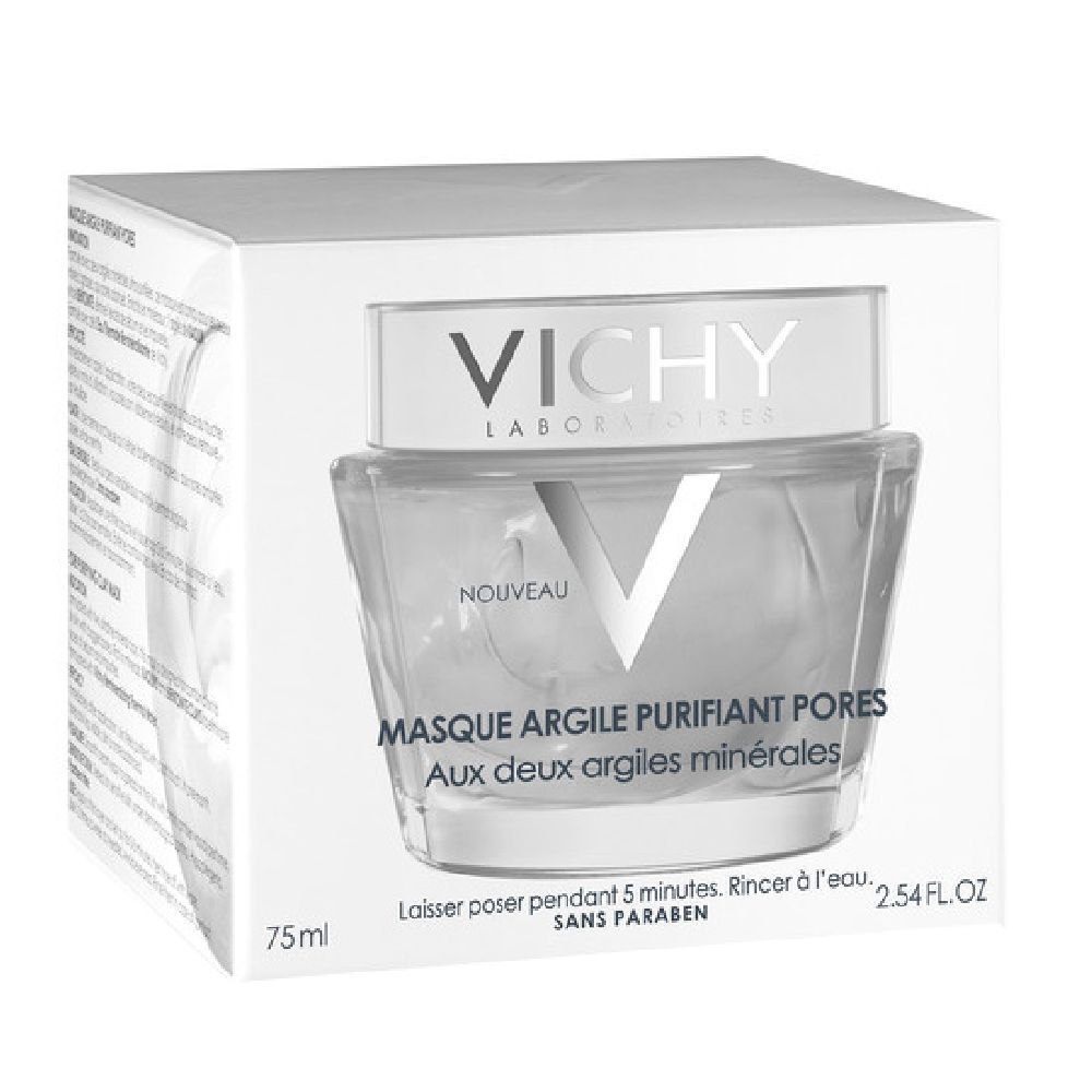 Masque facial Vichy en pot blanc. Inscription: Masque Argile Purifiant Pores. Couvercle blanc. Logo Vichy.