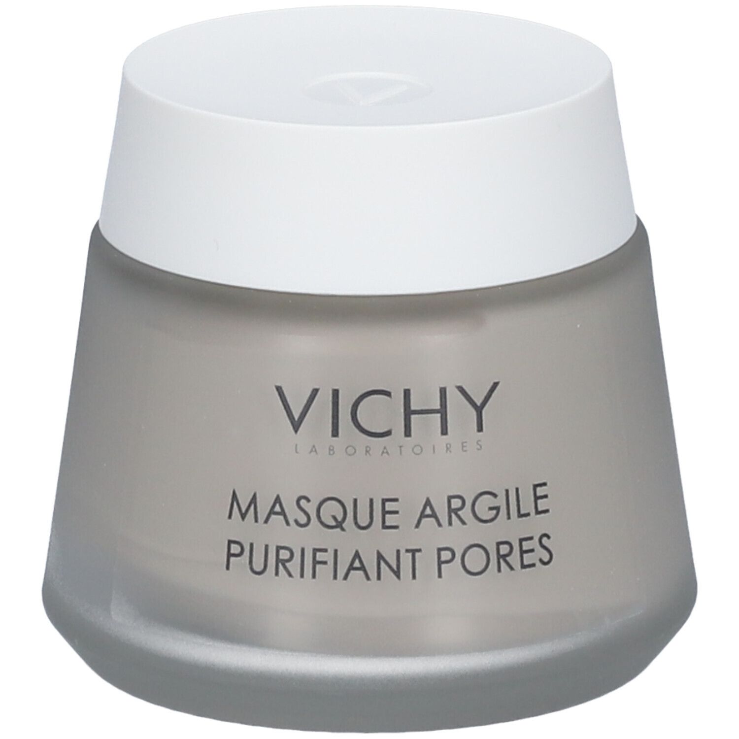 Masque facial Vichy en pot gris. Inscription: Masque Argile Purifiant Pores. Couvercle blanc. Logo Vichy.
