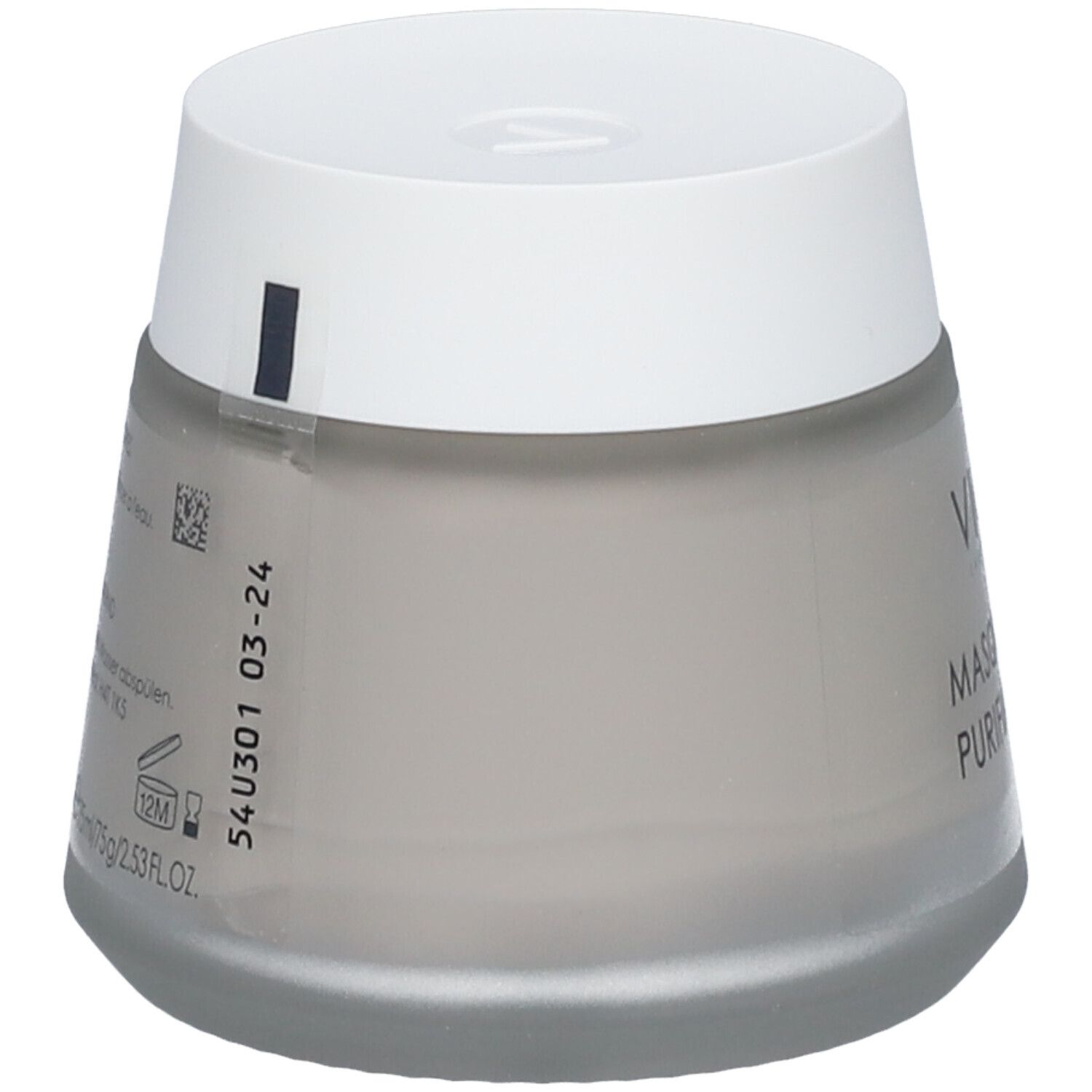 Masque facial Vichy en pot gris. Inscription: Masque Argile Purifiant Pores. Couvercle blanc. Logo Vichy. Informations produit.