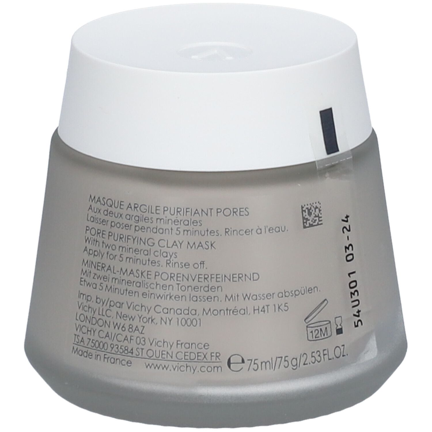 Masque facial Vichy en pot gris. Inscription: Masque Argile Purifiant Pores. Couvercle blanc. Logo Vichy. Informations produit.